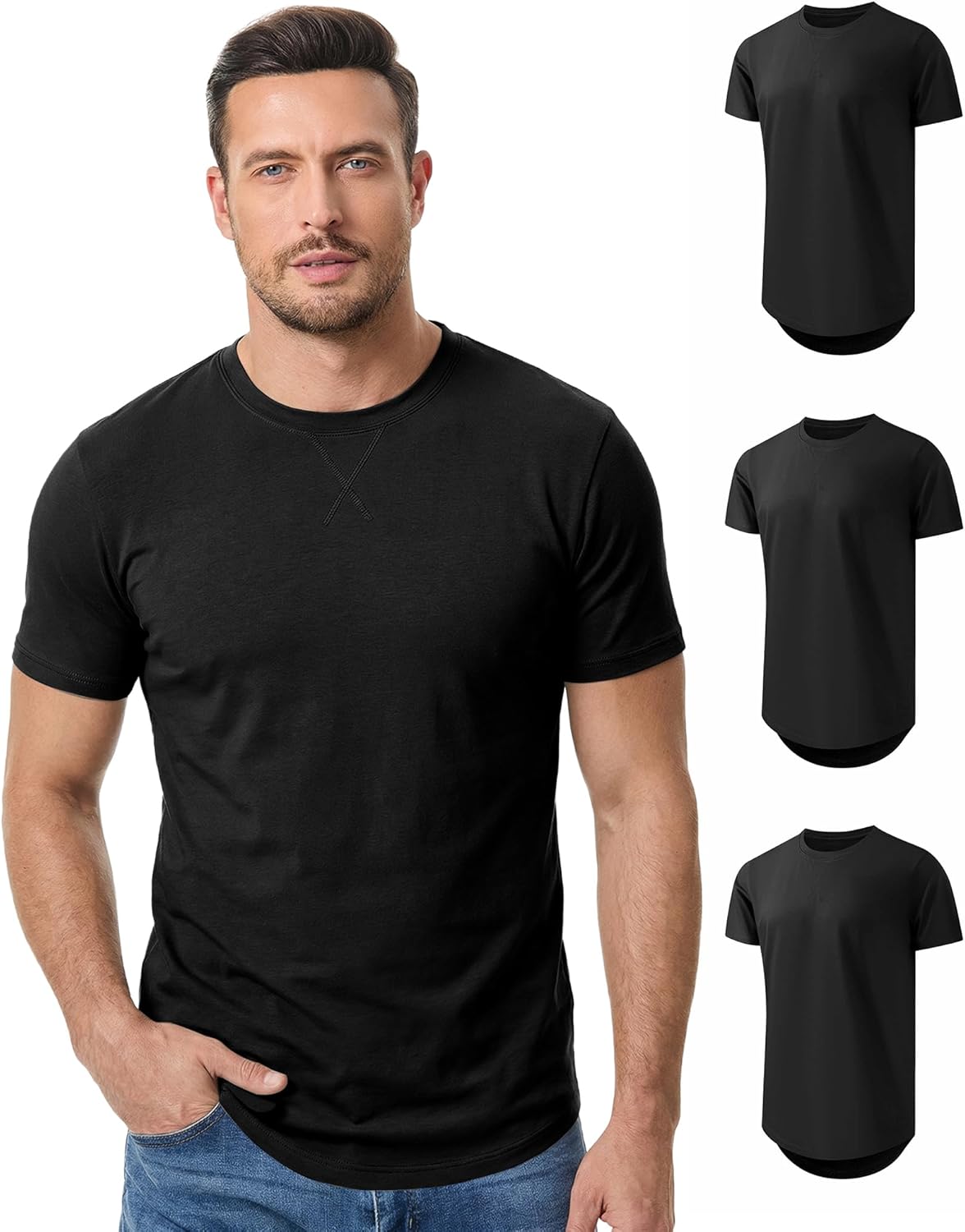Thumbnail 1 de JMIERR Mens 3 Pack Cotton Hipster Longline Crewneck T-Shirts