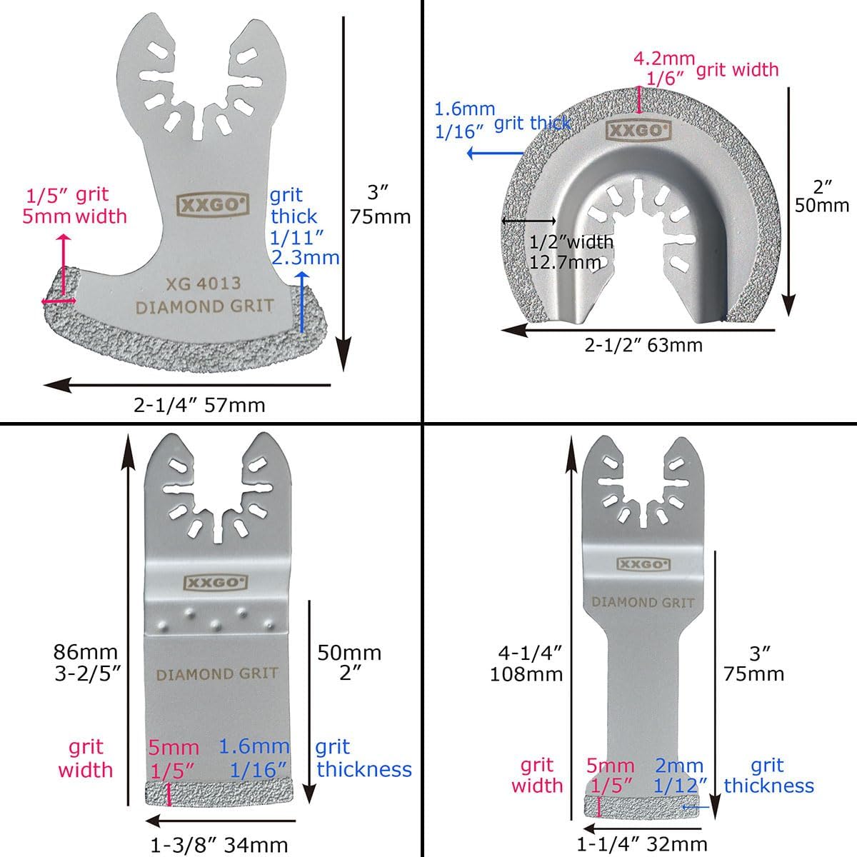 Detalle de XXGO 4 Pcs Oscillating Multi Tool Diamond Blades for Grit Grout Removal (XG4004DU)