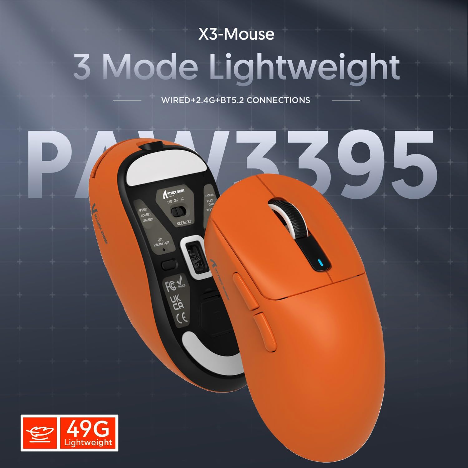 Thumbnail 5 de Attack Shark X3 49g Superlight Mouse – Wireless/Tri-Mode with PAW3395 Sensor (Orange)