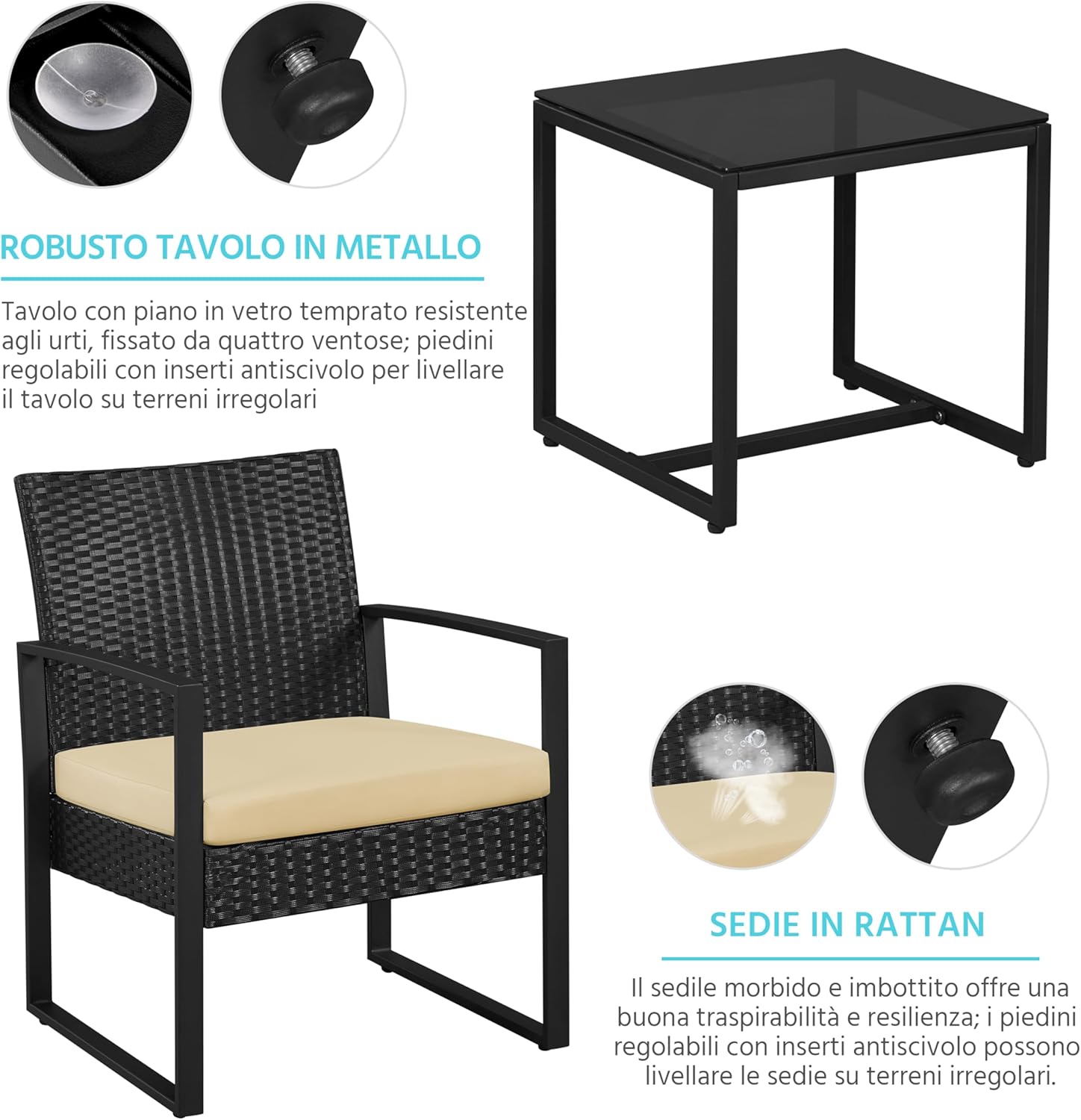 Thumbnail 6 de Yaheetech Set Mobili da Giardino in Poly Rattan – 2 Sedie e Tavolino da Balcone con Cuscini