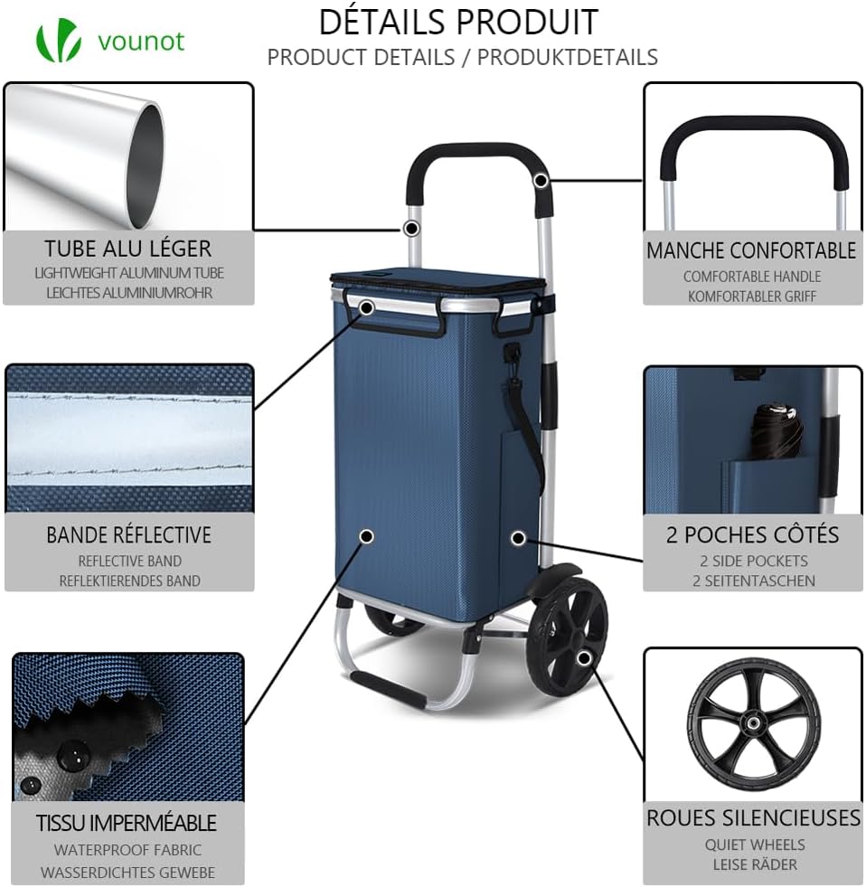 Detalle de VOUNOT Einkaufstrolley Klappbar aus Aluminium – 58L, wasserdichte Tasche mit Kühlfach, Treppensteiger, Marineblau