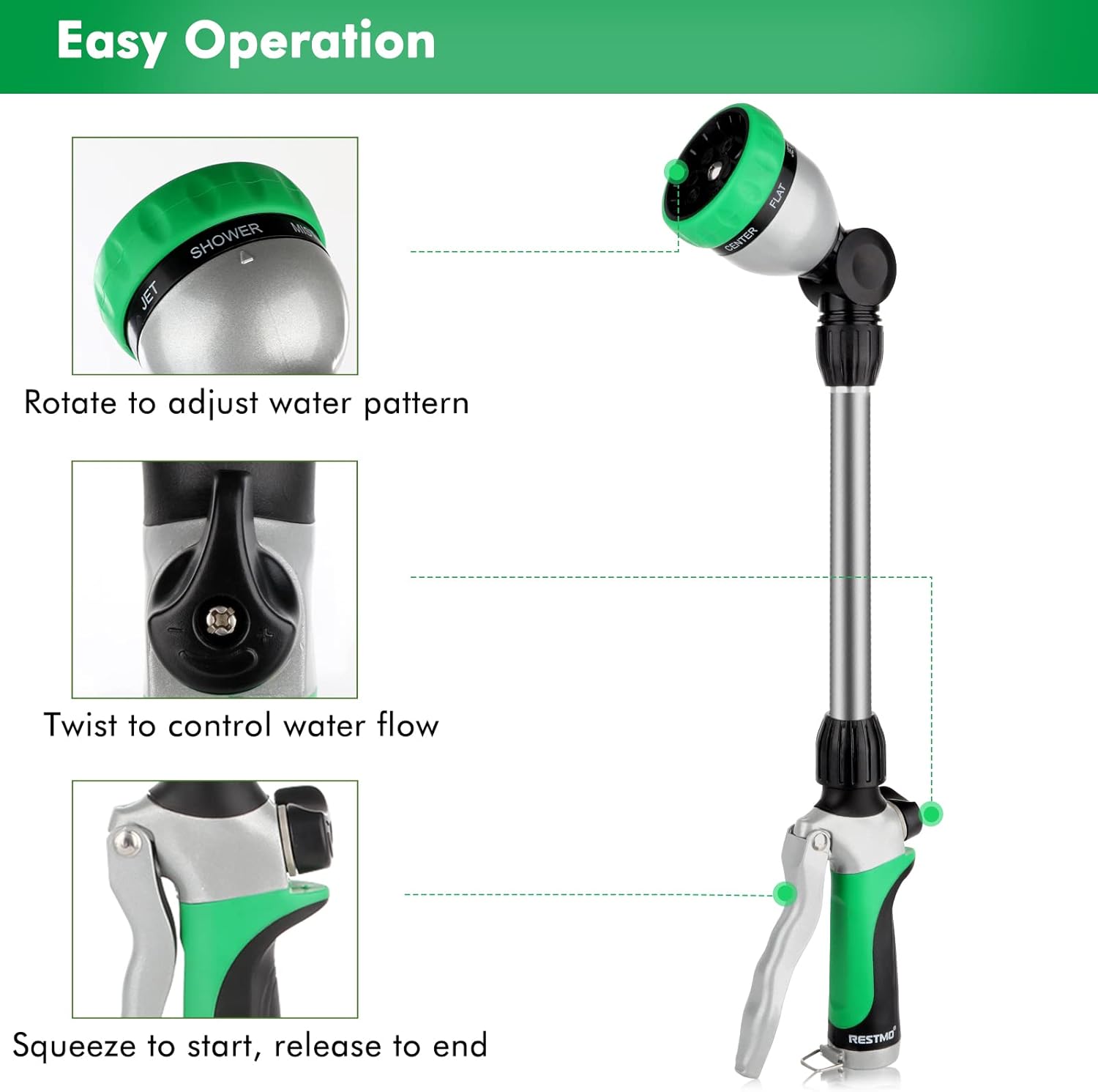 Detalle de RESTMO Metal Watering Wand: Heavy-Duty 16-Inch Sprayer with 7 Patterns and 180° Swivel