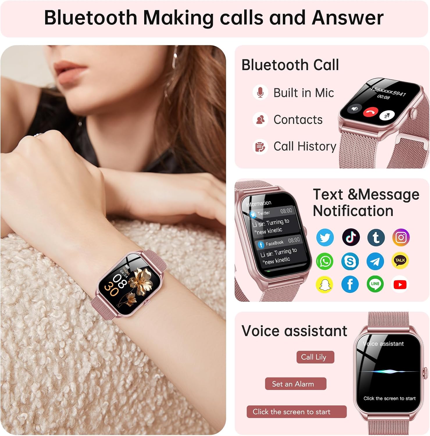 Detalle de TAOPODO Smart Watch for Women (Rose Pink): Bluetooth Calling, 120+ Sports & Health Tracking