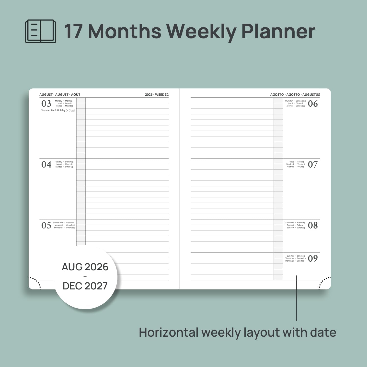 Detalle de POPRUN A5 Academic Diary 2026-2027 Hardback Week to View (Aug 2026–Dec 2027) in Pacific Green
