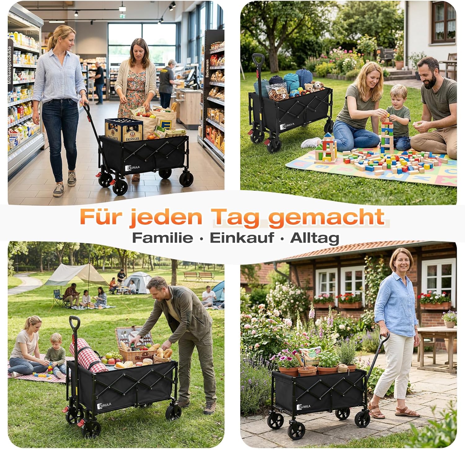 Thumbnail 6 de SUNULA faltbarer Bollerwagen klein, 80 l Volumen bis 100 kg, mit Bremsen – Schwarz