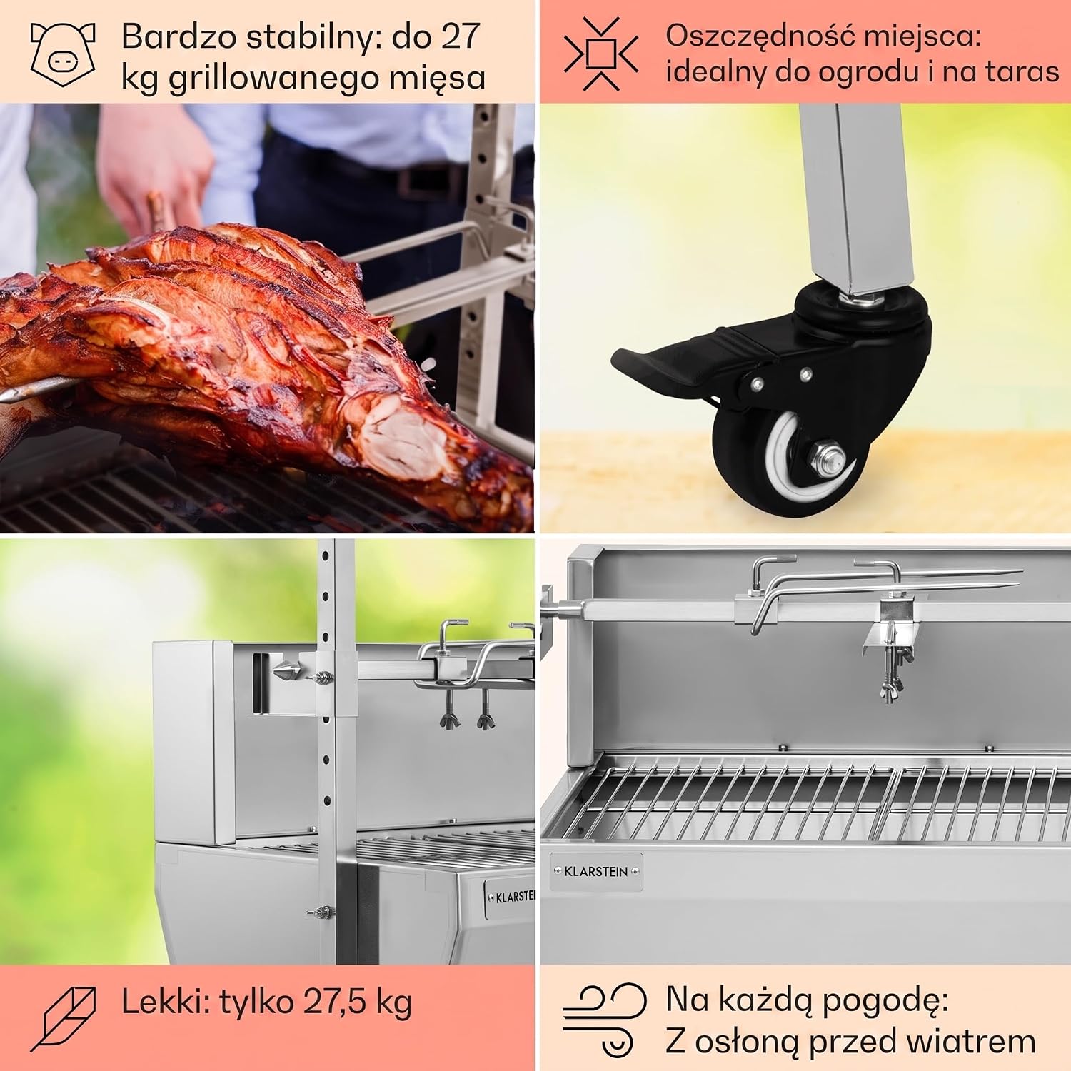 Detalle 2 de Klarstein grill rożnowy 2w1 z silnikiem, 4 rusztami i osłoną przeciwwiatrową