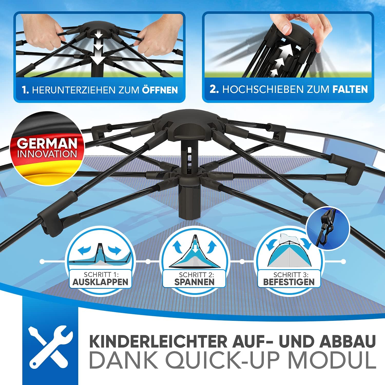 Detalle de Aretus Wurfzelt 2–4 Personen: extra wasserdicht, stabil und blitzschneller Aufbau