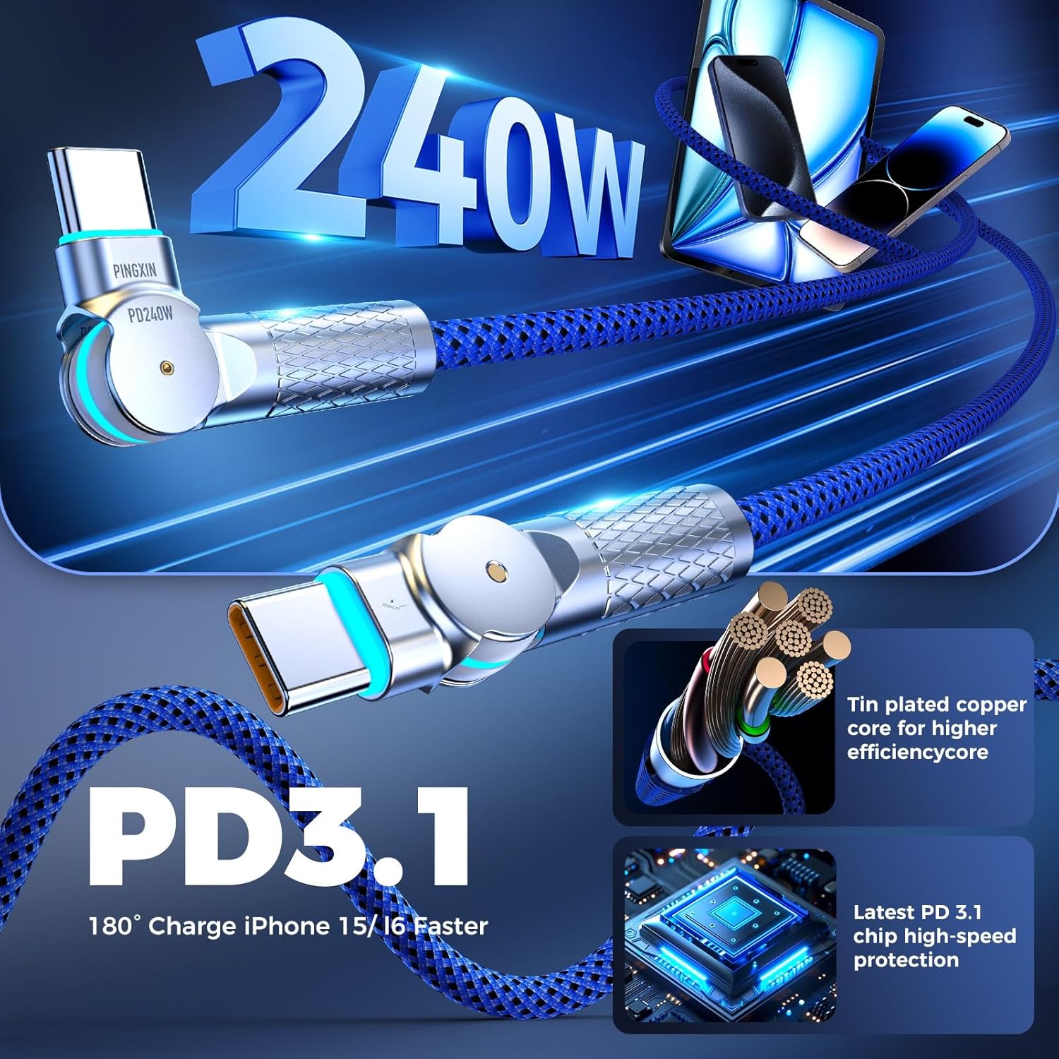 Detalle 2 de PINGXIN USB-C to USB-C Cable (10ft, 240W) 2-Pack with 180° Rotating Connectors