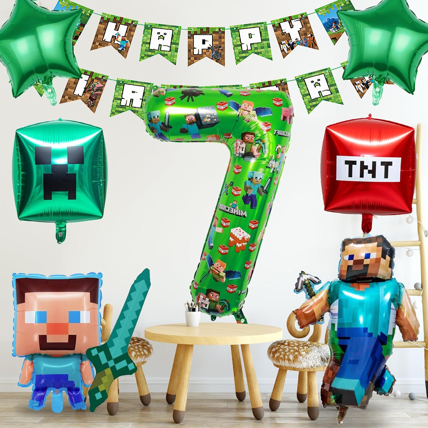 Thumbnail 1 de Birthday Balloons 40 inch Foil Number 7 Balloon set with banner and cartoon character decorations