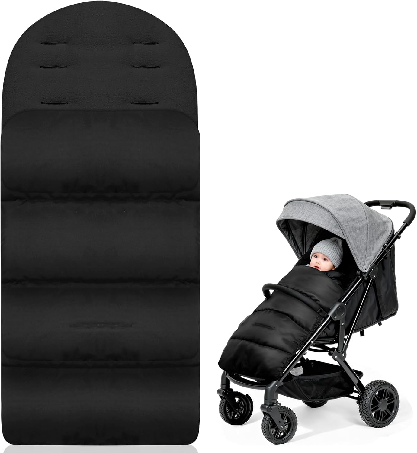 Detalle de AOOWU åkpåse för barnvagn med fleecefoder och dubbla dragkedjor