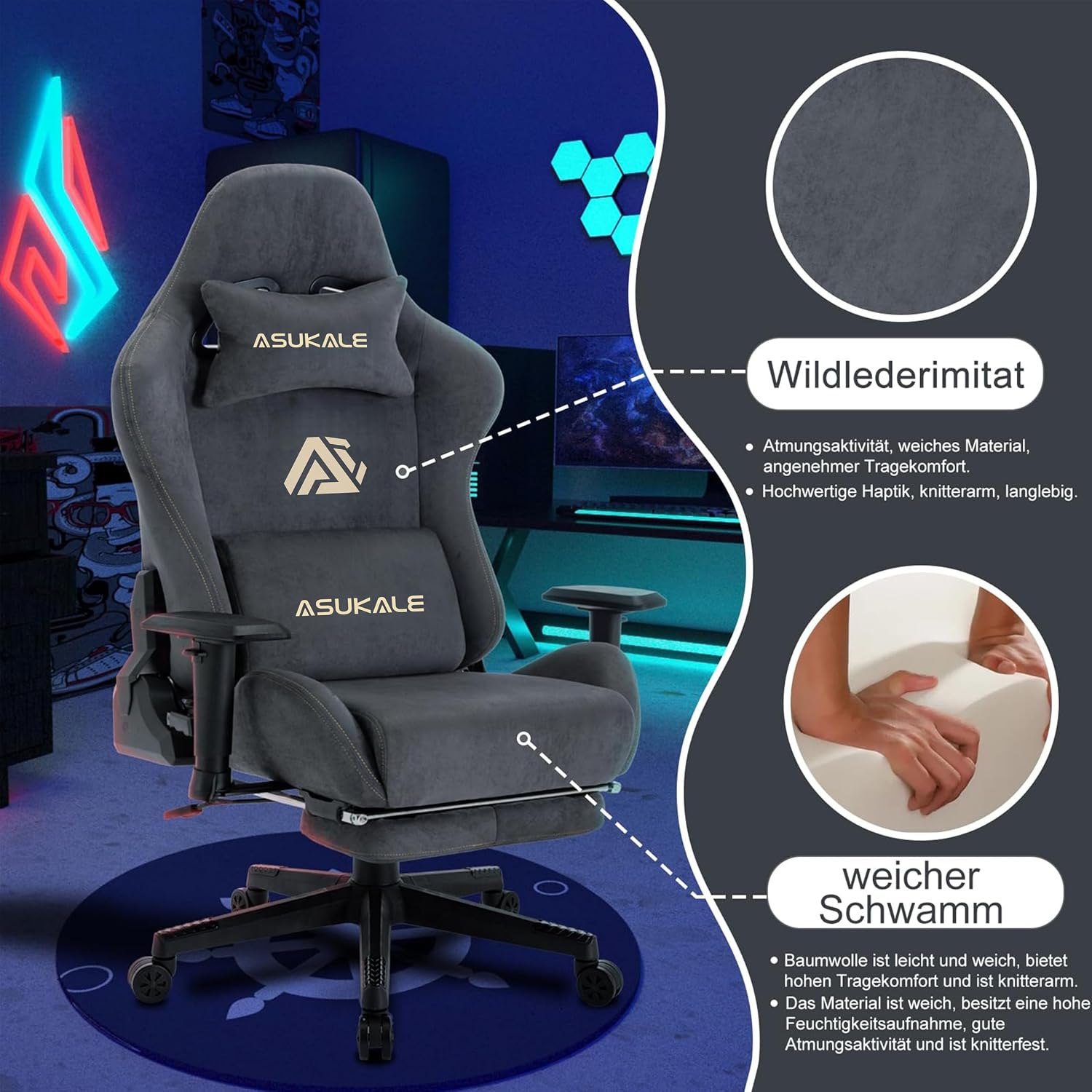 Detalle de Asukale Gaming Stuhl mit atmungsaktivem Stoff, verstellbarer Rückenlehne (90–150°) und Fußstütze – grau
