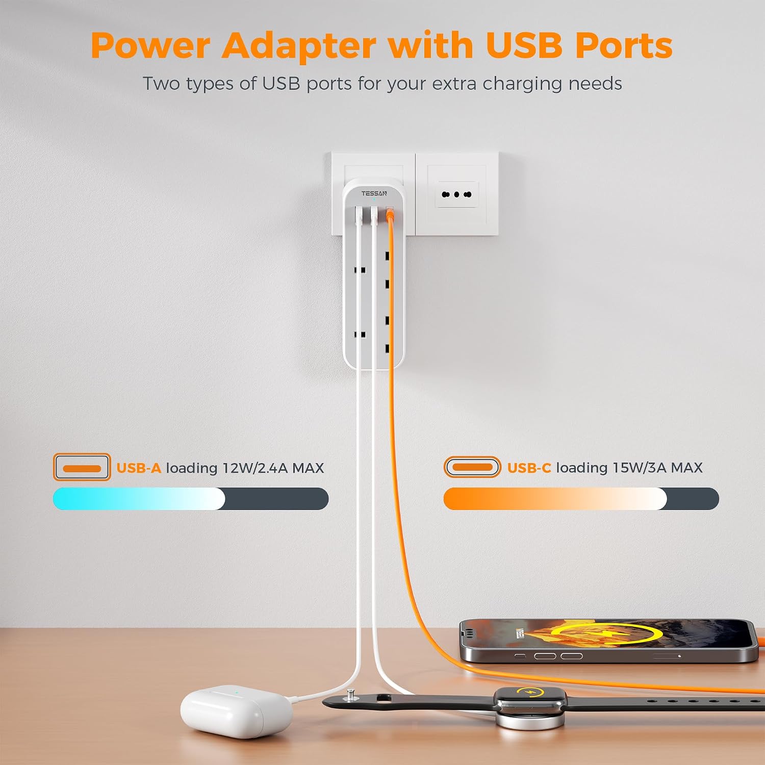 Detalle 2 de TESSAN UK to Italy Plug Adapter with 3 USB Ports (1 USB-C) for Type L sockets