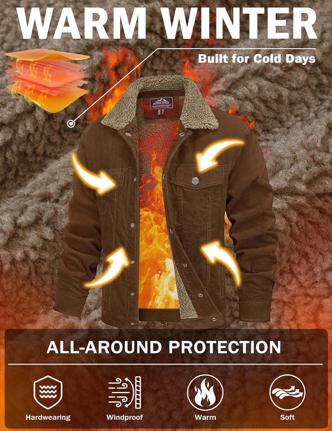 Detalle de MAGCOMSEN Men's Corduroy Sherpa Jacket, Cotton, 5 Pockets, Snap Buttons