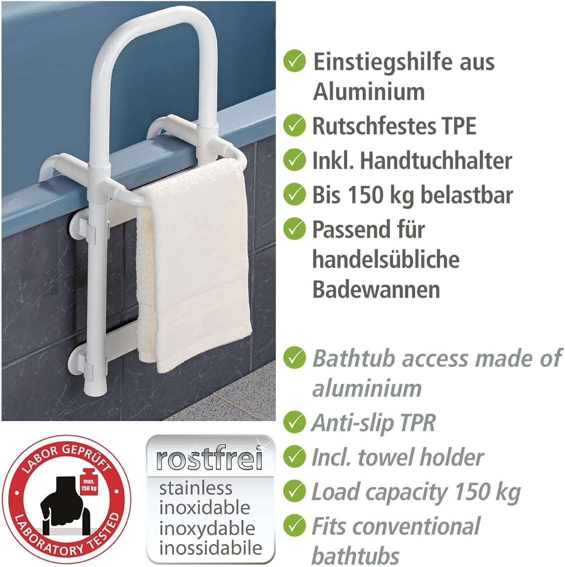 Detalle de Rail de sécurité pour baignoire Secura 8110100 de WENKO — réglable et robuste (120 kg) en aluminium