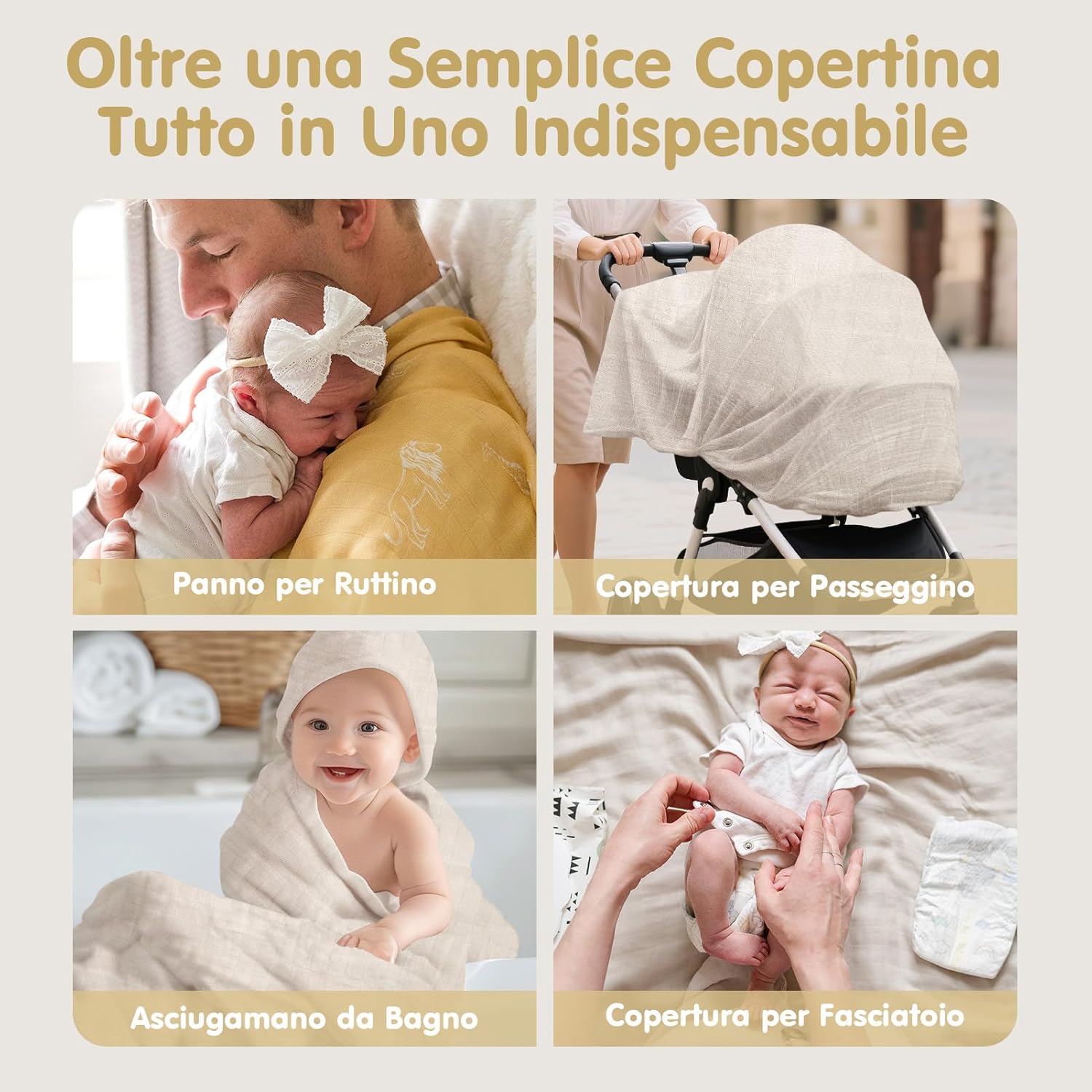 Thumbnail 5 de Hahaland Mussole Neonato in cotone bambù 100% naturale – set copertine swaddle (120x120 e 100x95 cm)
