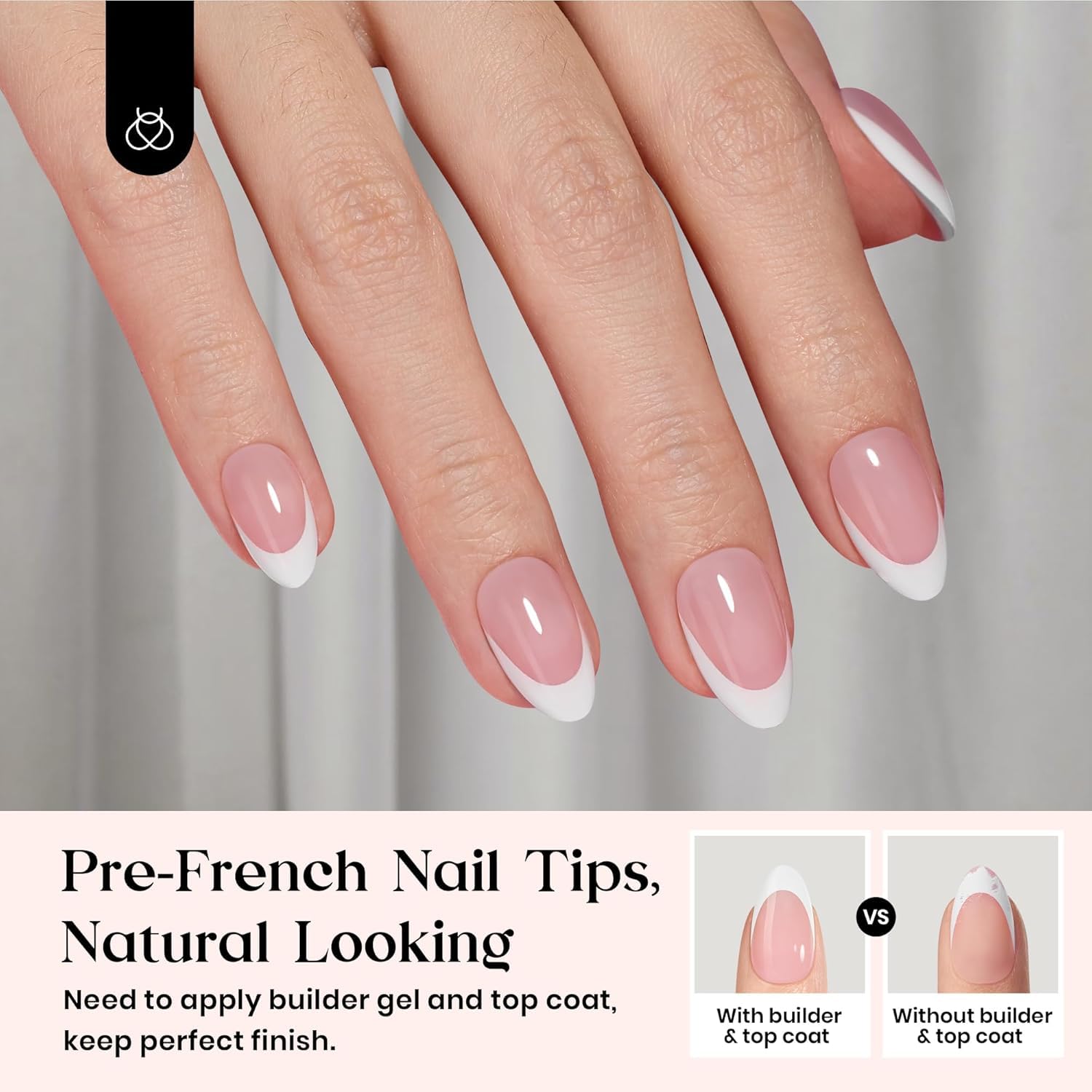 Detalle 2 de Beetles French Tips Press On Nails: 224 Pink Short Almond Nails (16 Sizes)