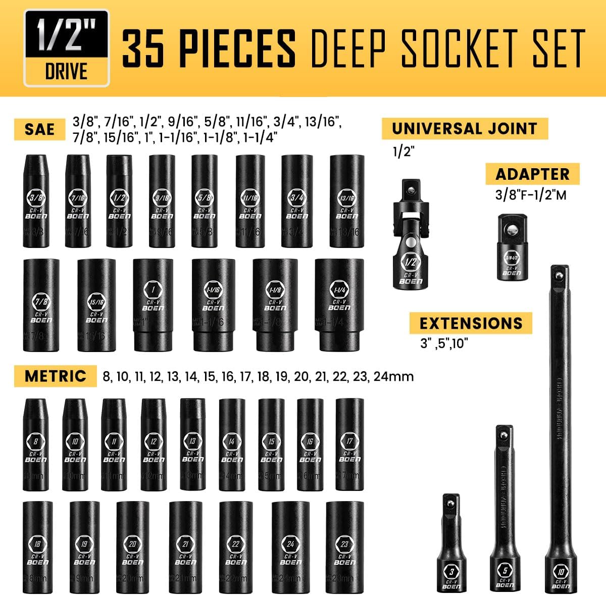 Thumbnail 1 de BOEN 35-Piece 1/2" Drive Deep Impact Socket Set (SAE 3/8"–1-1/4" & Metric 8–24mm)