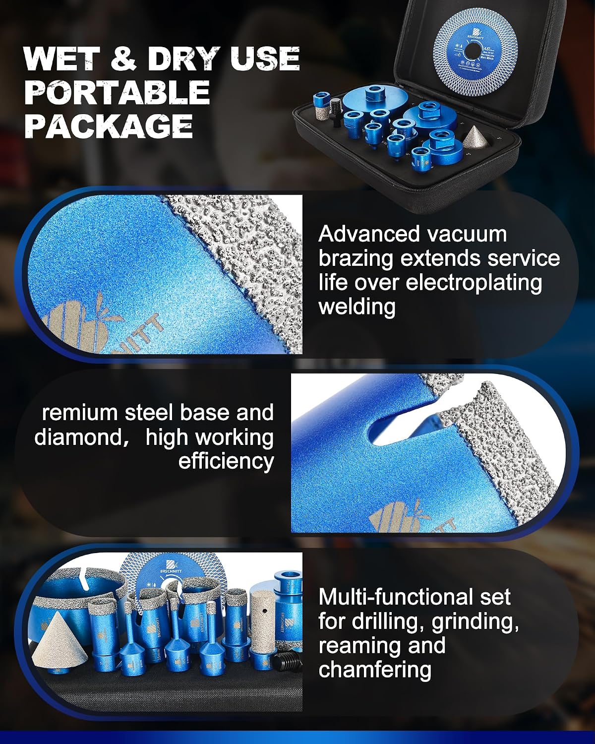 Detalle de BRSCHNITT Diamond Hole Saw Kit for Tile, Multiple Sizes and Vacuum-Brazed Bits