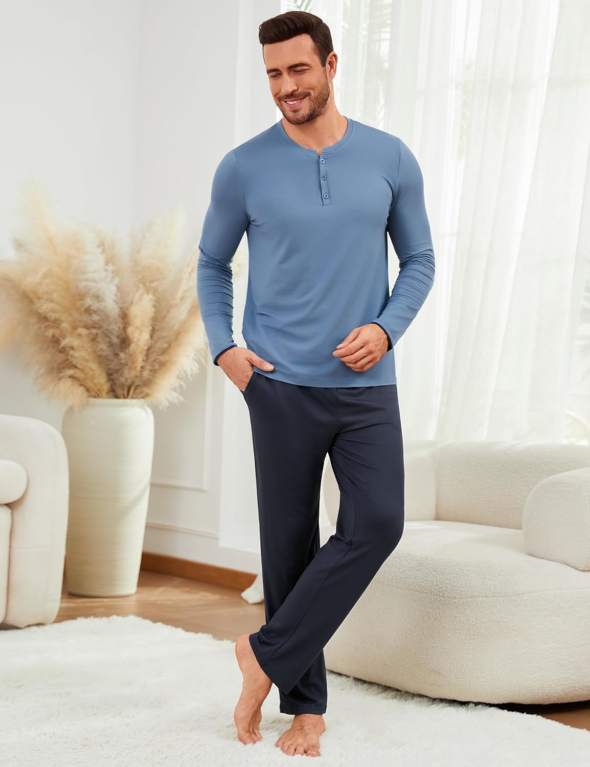 Detalle de Uniexcosm Pyjama Homme Hiver en coton à manches longues — Ensemble deux pièces