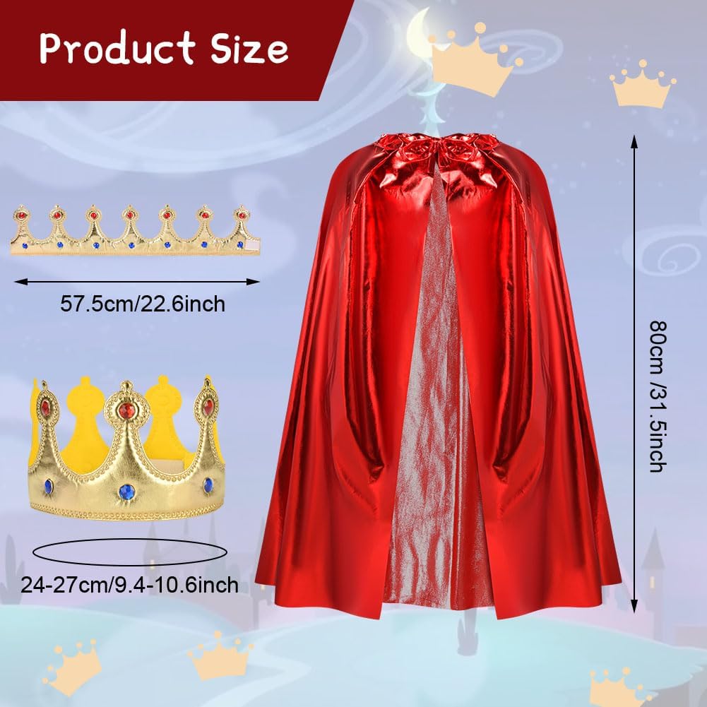 Detalle de AOOWU Kids King Costume with Cape and Crown (One Size, 80cm) – Red Velvet Royal Cloak