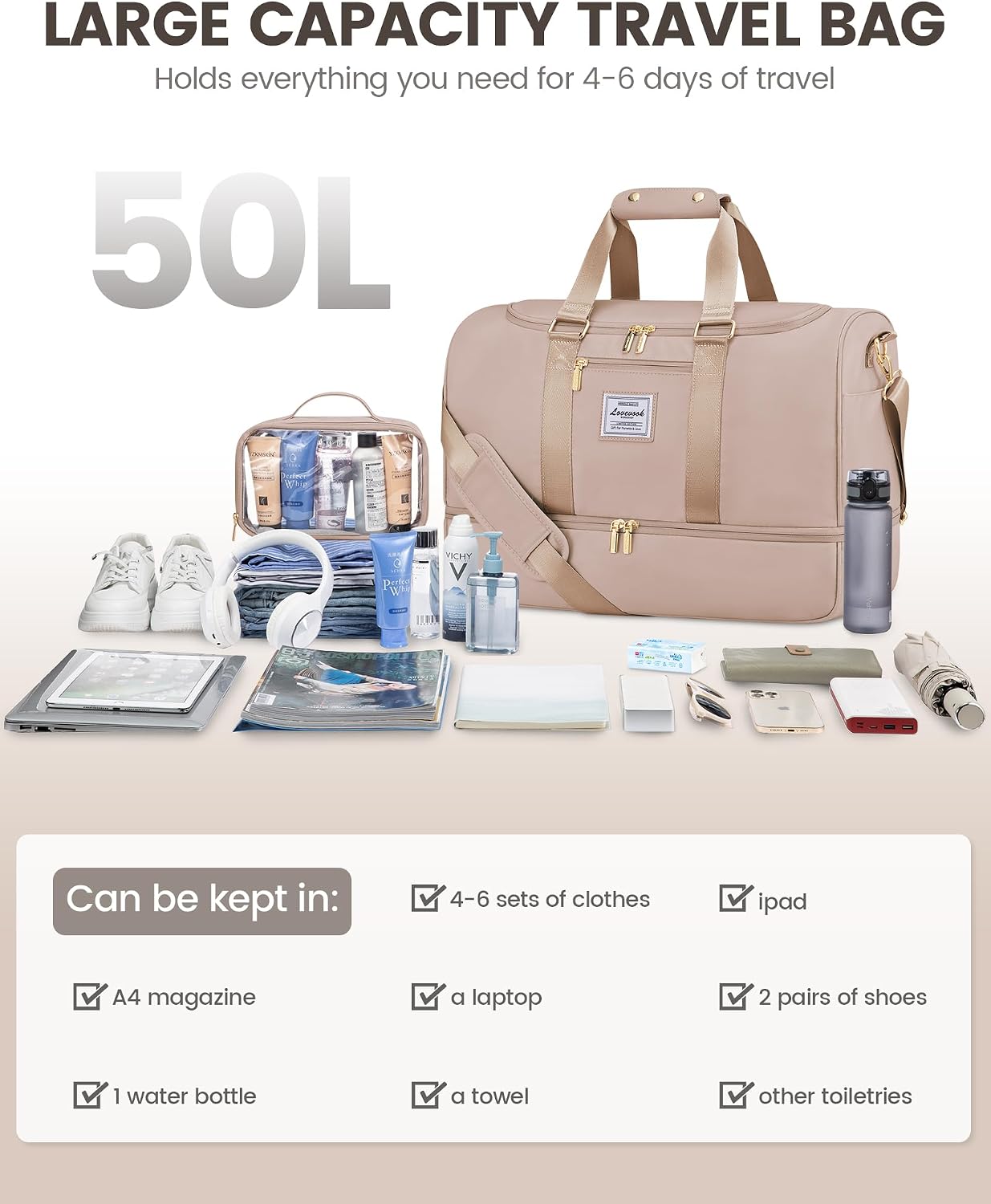 Thumbnail 4 de LOVEVOOK Sporttasche Reisetasche groß 50 l mit Kulturtasche, Schuhfach und Nassfach (Sand)