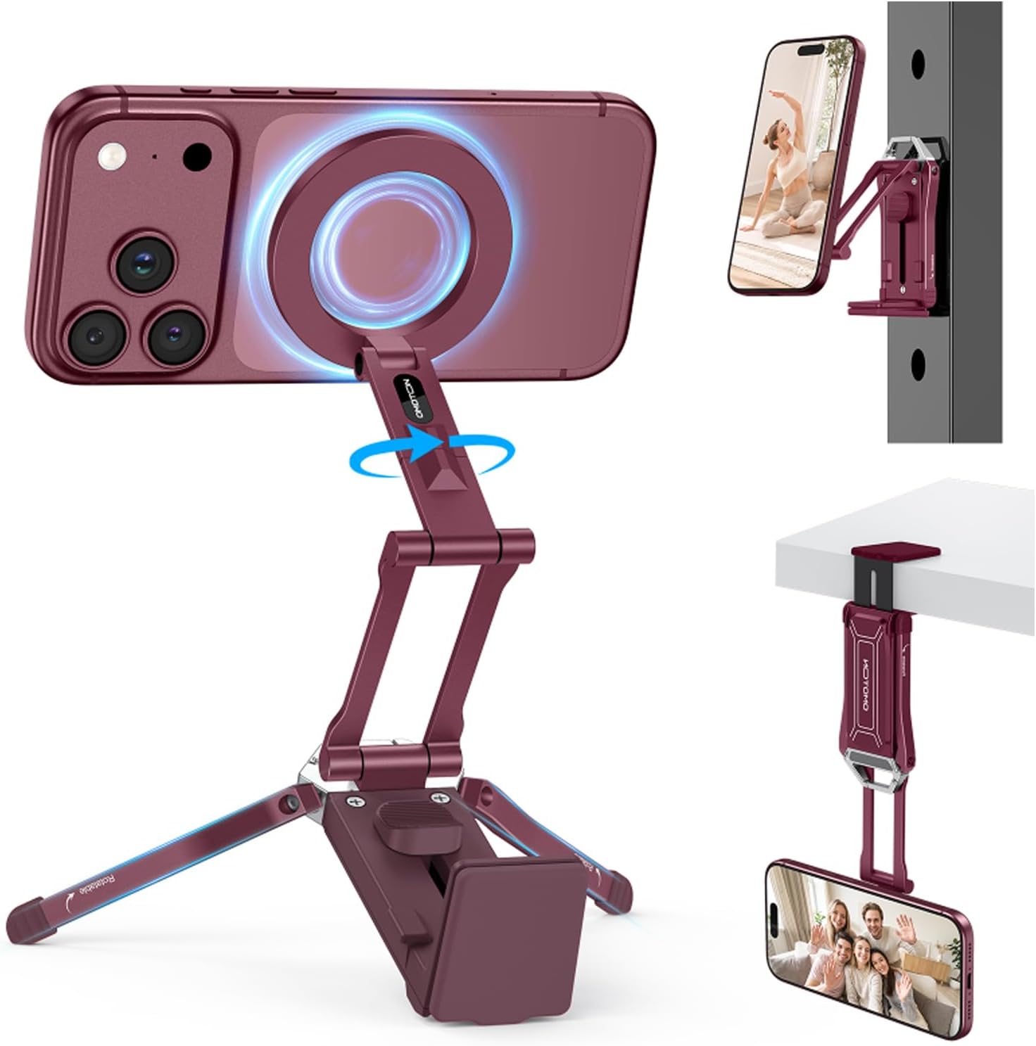 Detalle de OMOTON TP02-Wine Red Magnetic Phone Tripod, 360° Rotation, Foldable