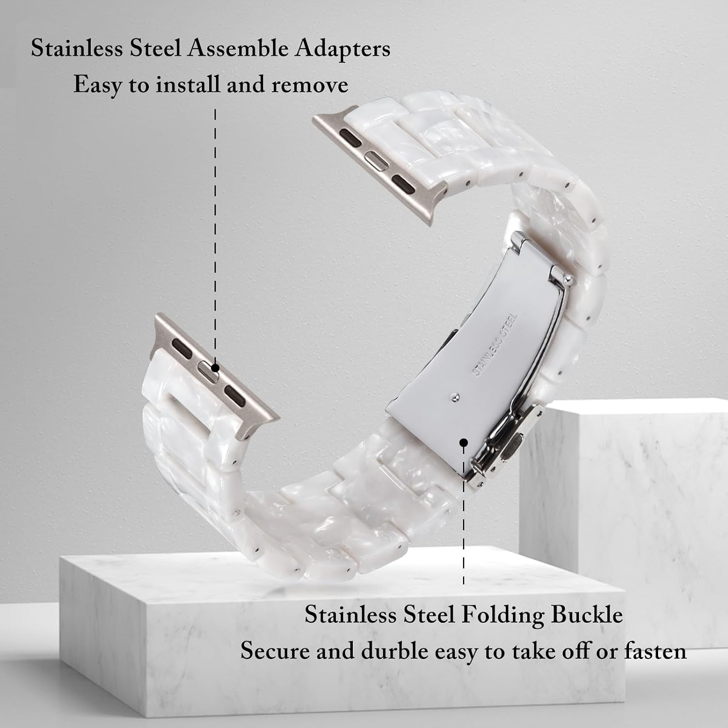 Detalle 2 de V.R.HOPE Modernes Harz-Armband für Apple Watch (44/45/46/49 mm) – Perlenweiß/Silber