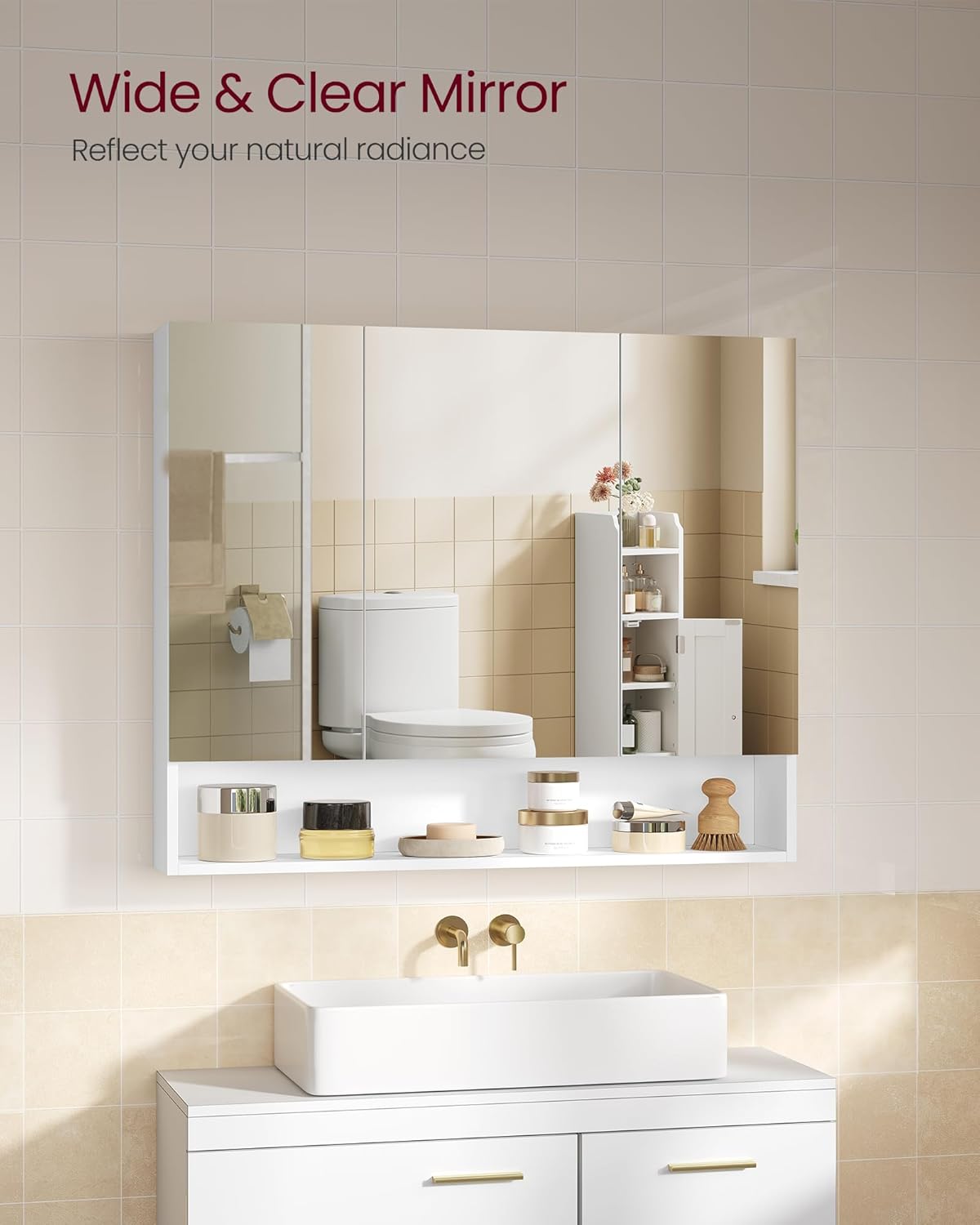 Detalle 2 de VASAGLE KAILYN BBK130W01 Bathroom Mirror Cabinet, 3 Mirrored Doors, Adjustable Shelves