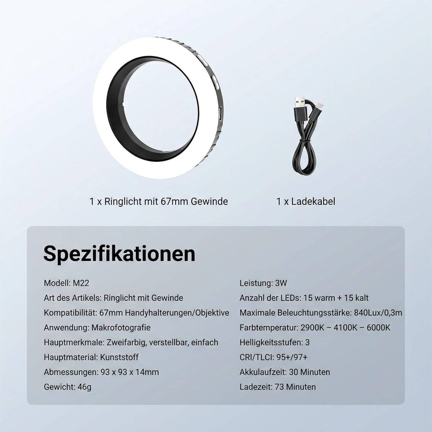 Thumbnail 6 de NEEWER BASICS 67mm Ringlicht – kompakter, wiederaufladbarer LED-Ring für 67mm Objektive und Smartphone-Halterungen