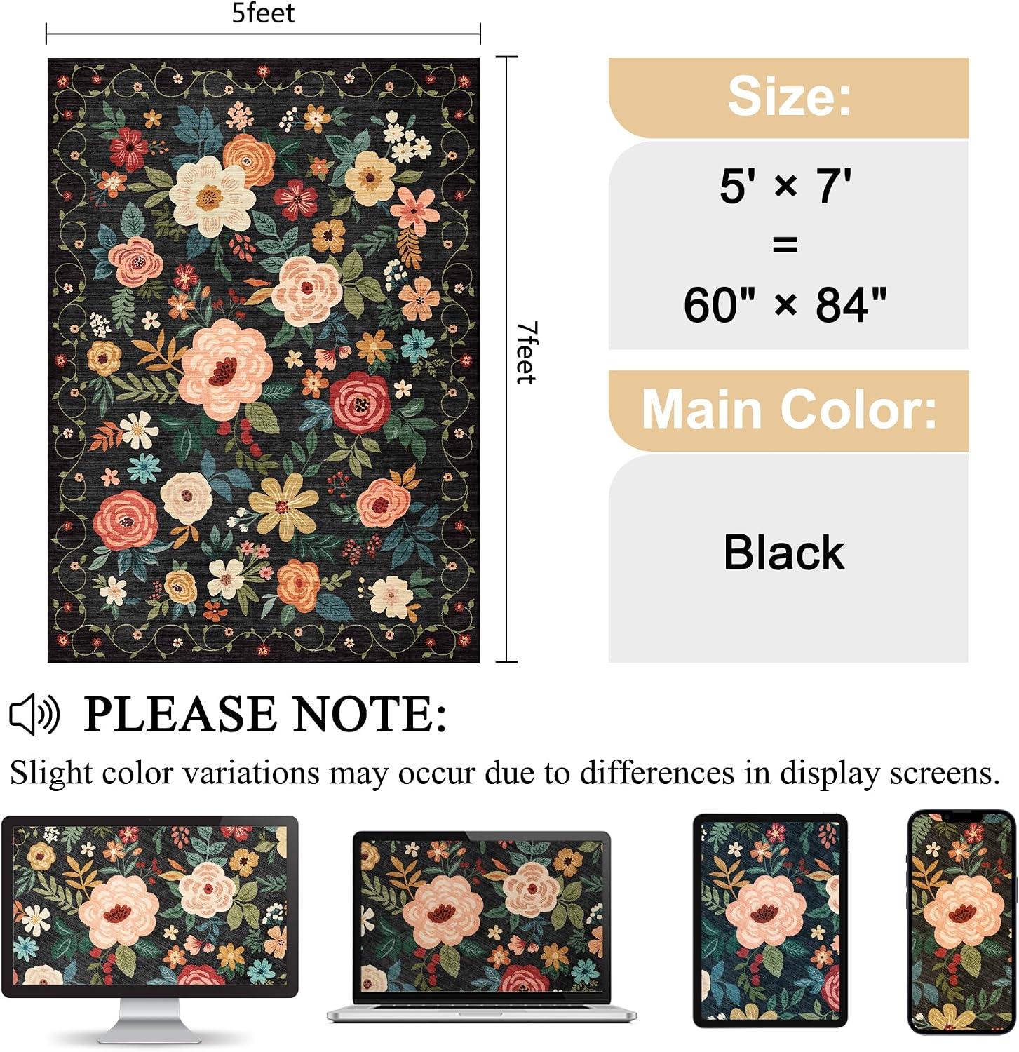 Detalle 2 de DUKINO 5x7 Floral Area Rug, Low Pile Black ๐