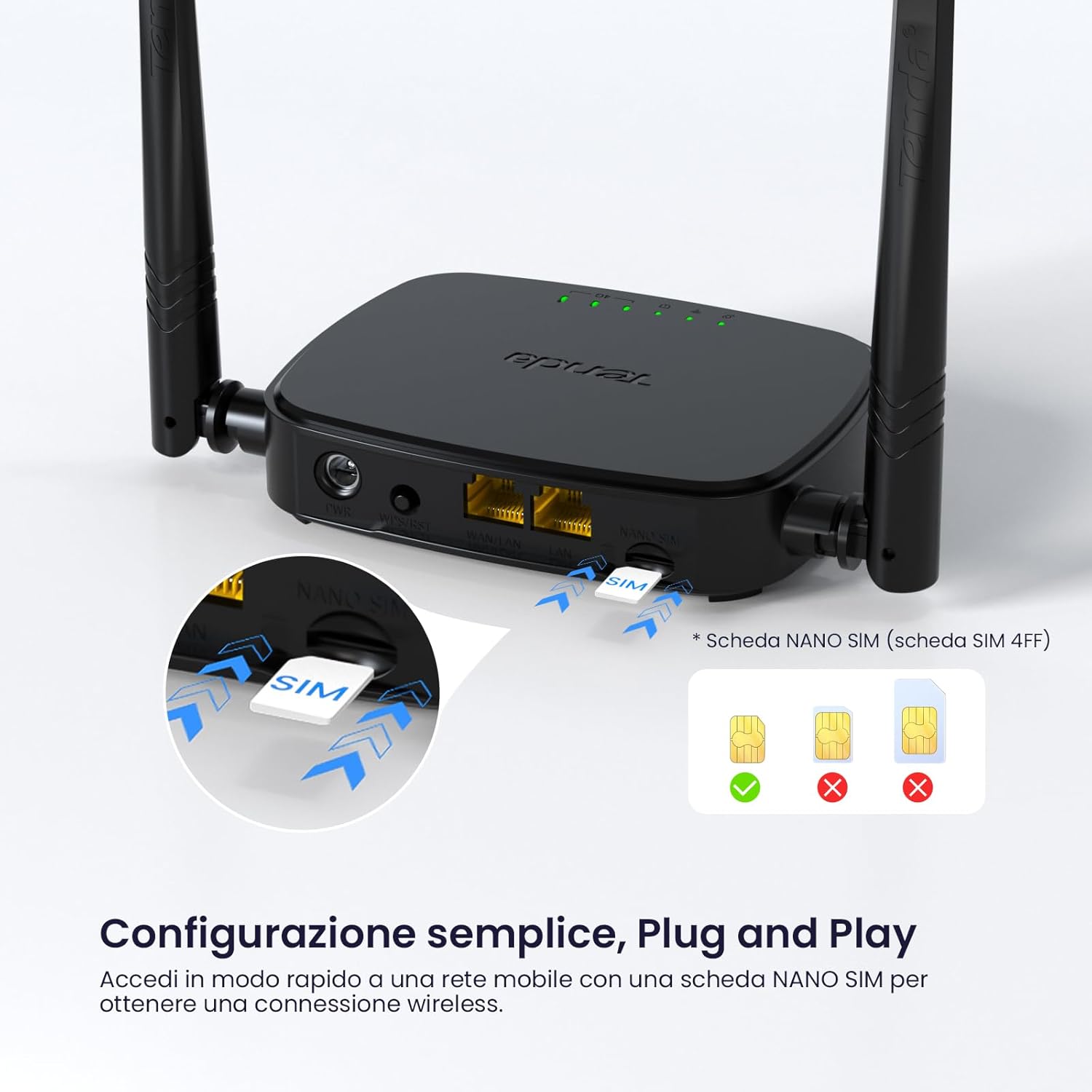 Thumbnail 2 de Tenda 4G03 Pro router WiFi 4G LTE con SIM, Plug & Play, fino a N300Mbps (2 antenne esterne)
