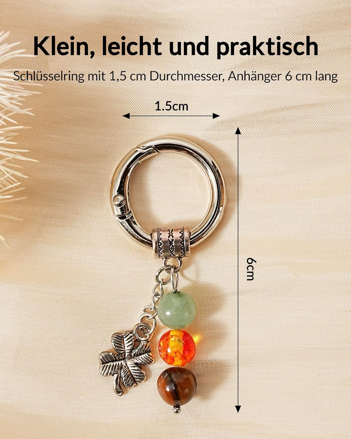 Detalle de Rebundex Schlüsselanhänger Damen – Glücksbringer mit Edelsteinen (Aventurin, Citrin, Tigerauge)