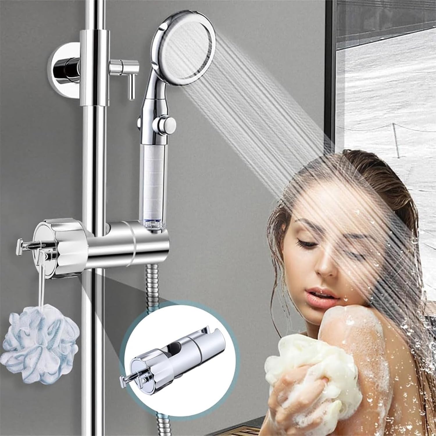 Thumbnail 6 de Premium Chrome Handheld Shower Head Holder – Adjustable 18-25mm Bracket with Dual Hooks