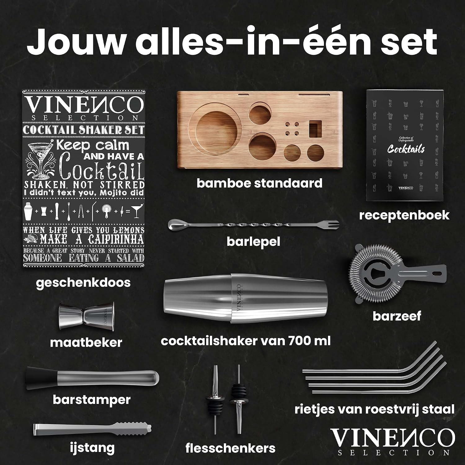 Detalle de Vinenco CS3 Boston cocktailshakerset, 13-delig van RVS met standaard