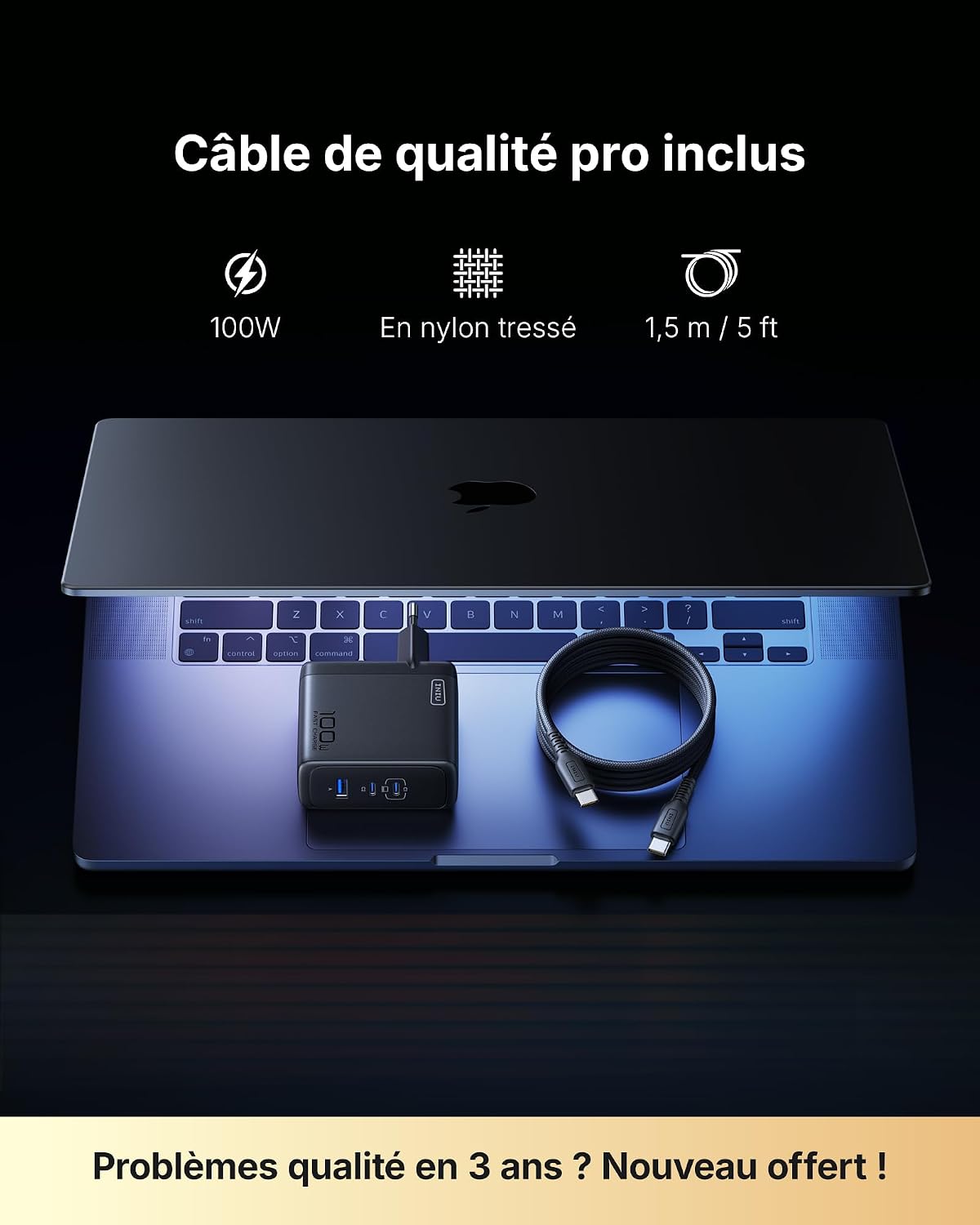Detalle de INIU 100W Chargeur USB-C à 3 ports avec câble inclus – rapide, compact et sûr