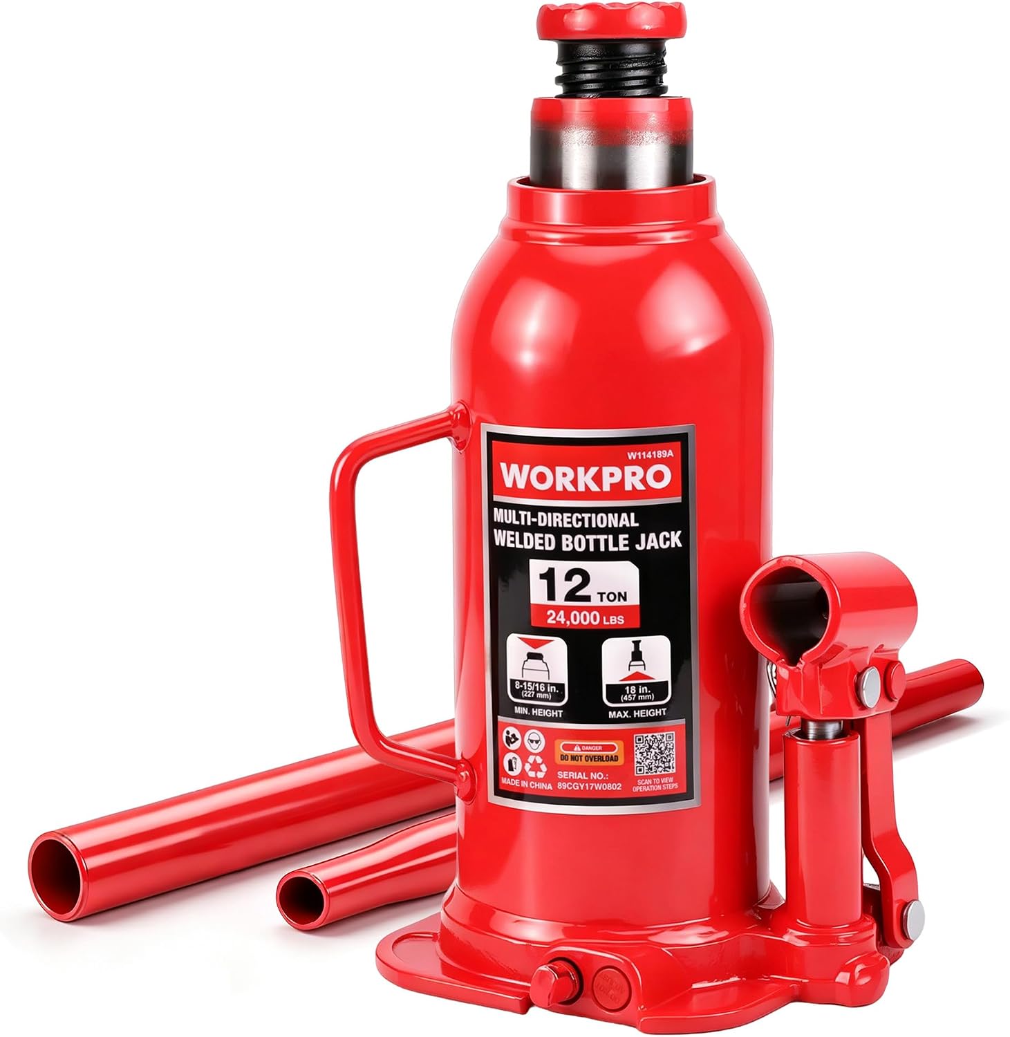 Detalle de WORKPRO W114189AE 12-Ton Multi-Directional Welded Steel Bottle Jack
