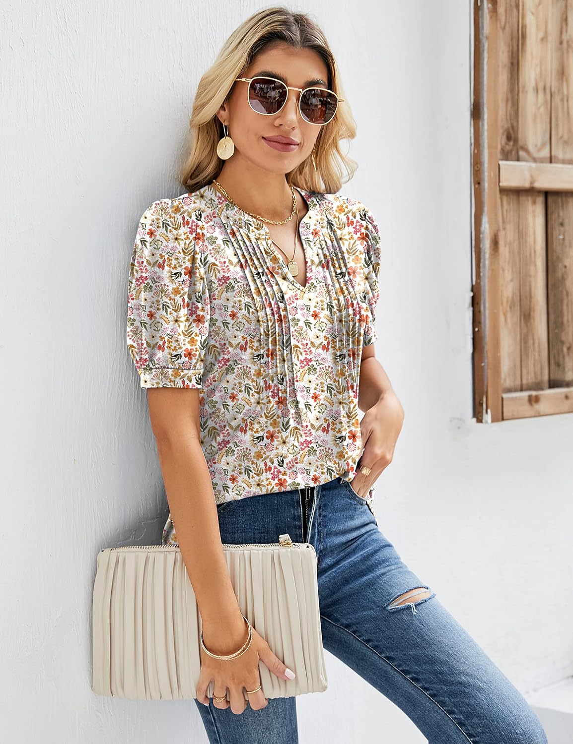 Thumbnail 4 de EFFAN V Neck Puff Sleeve Floral Top