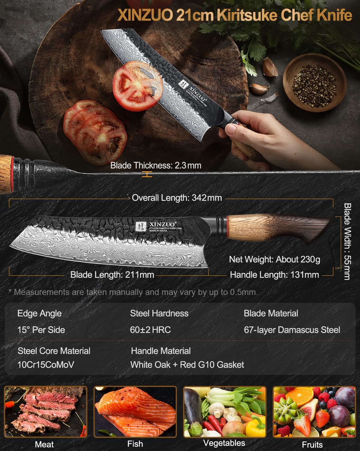 Thumbnail 5 de Couteau de chef Kiritsuke XINZUO 21,1 cm en acier damas 67 couches avec manche en chêne blanc