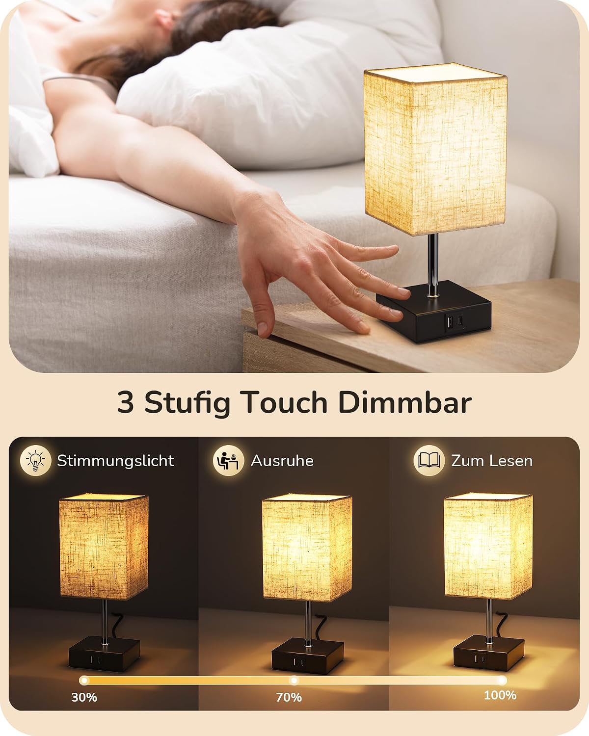Detalle de EDISHINE LED Nachttischlampe Touch dimmbar im 2er-Set mit USB (Type-A & Type-C) – beige