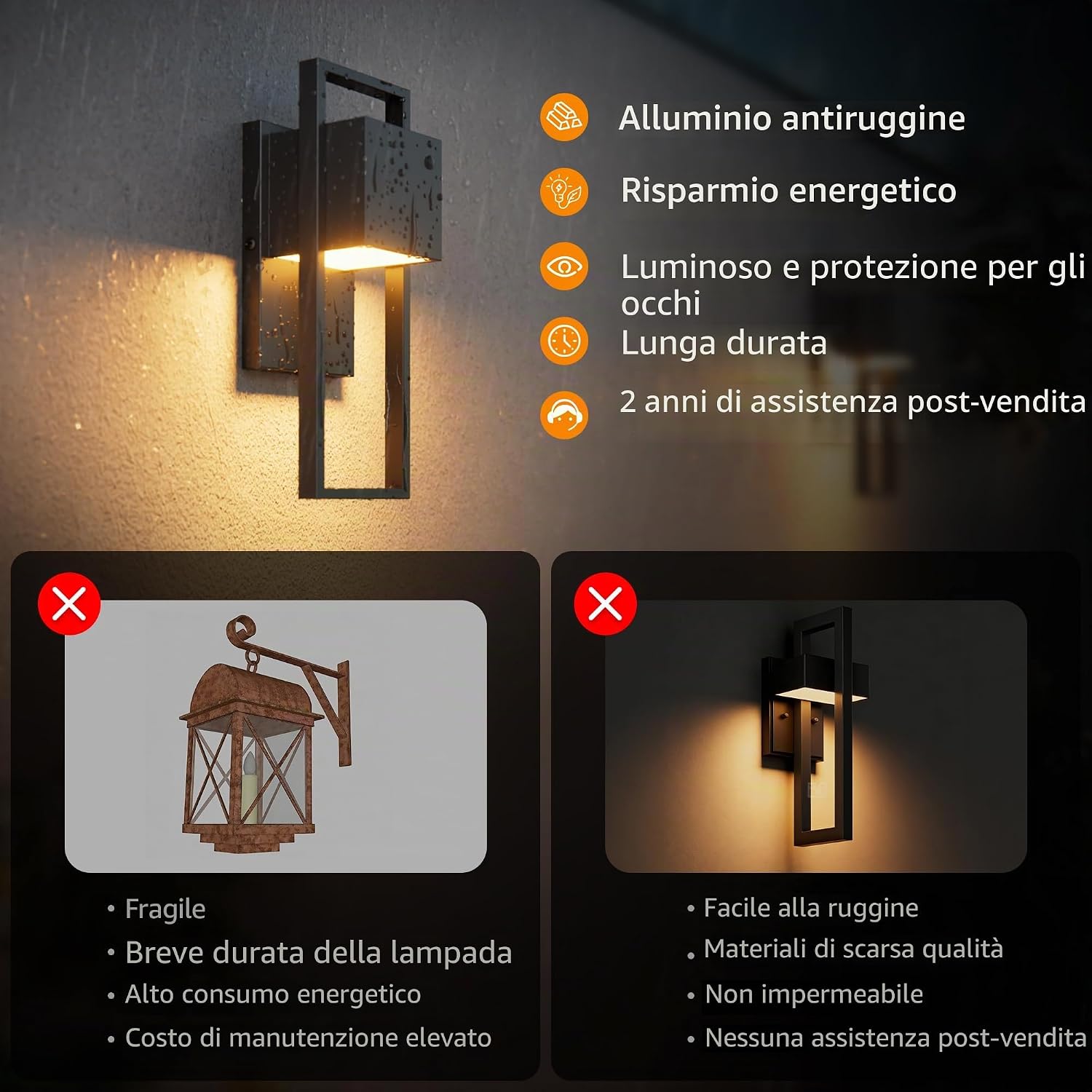 Detalle de Aipsun: applique LED da esterno 16W in acciaio inox, 2 pezzi, 960 lm, IP65 – bianco caldo 3000K