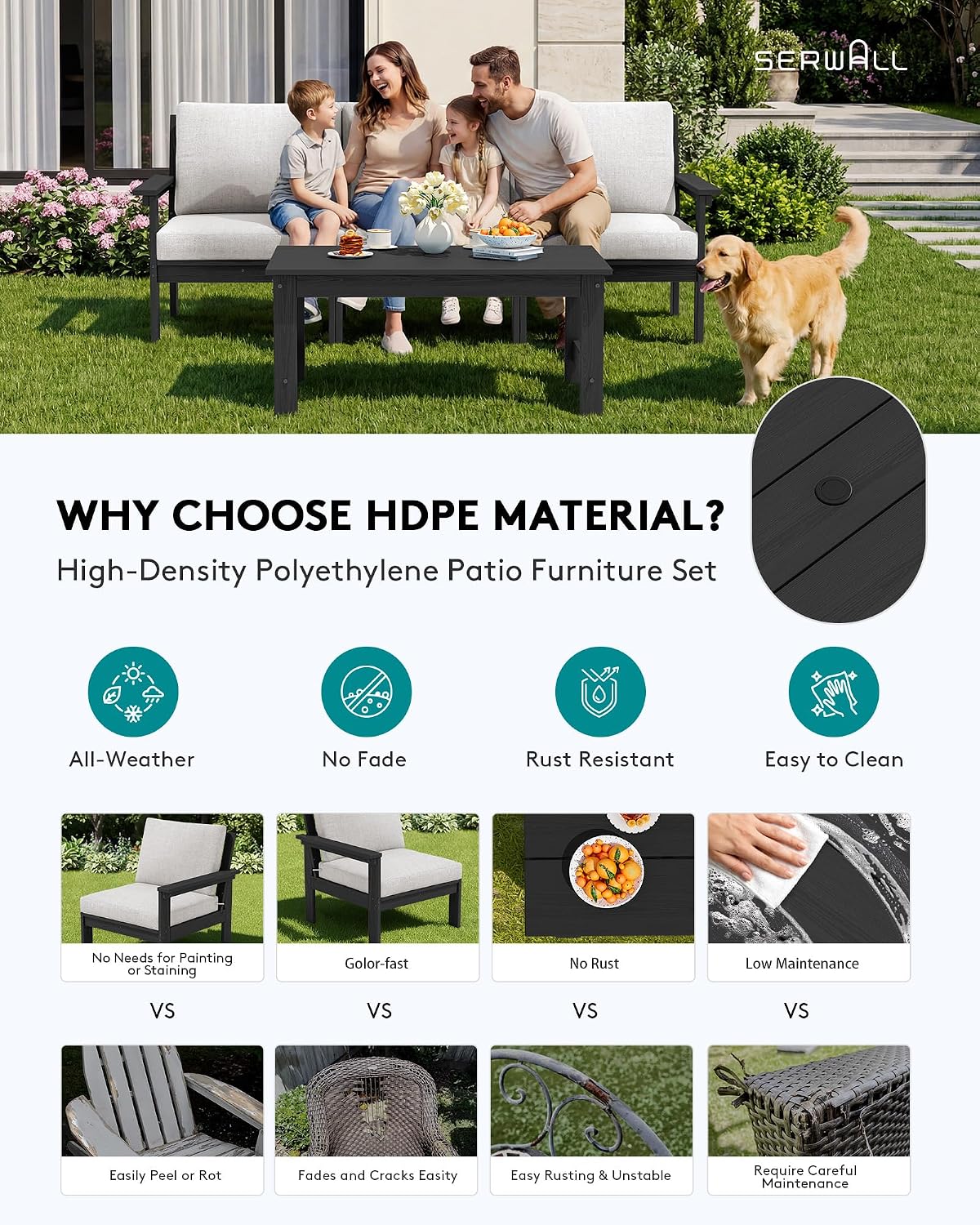 Detalle de SERWALL A111-029 HDPE Patio Furniture Set with 3-Seat Sofa and Coffee Table