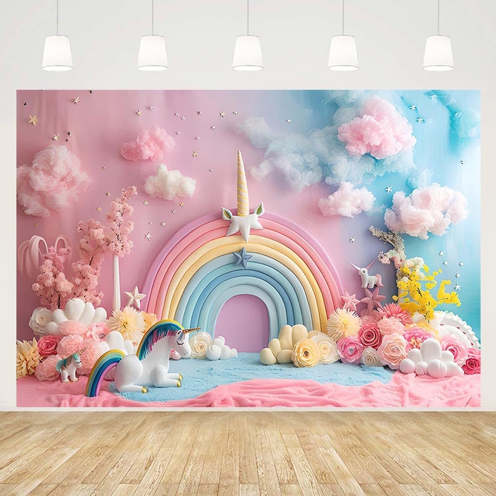 MEHOFOND 7x5ft Pink Unicorn Birthday Photography Background, Polyester Studio Backdrop for Cake Smash & Parties