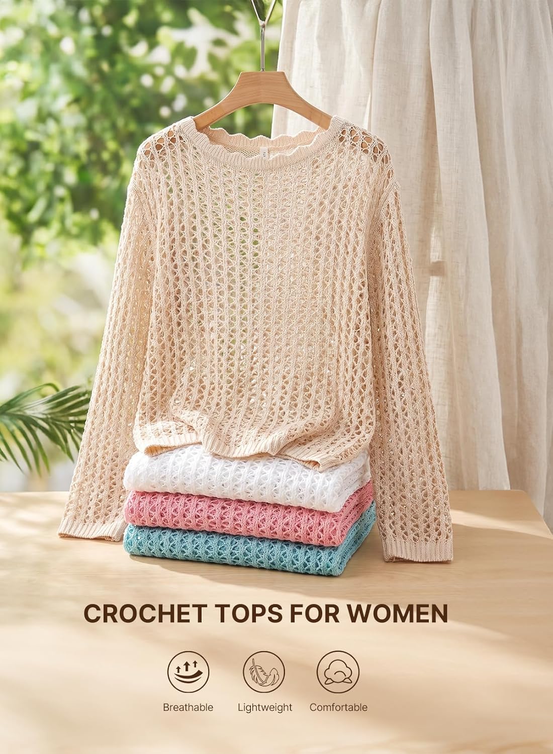 Thumbnail 4 de EVALESS Off The Shoulder Loose Knit Summer Sweater for Women – Lightweight Crochet Knit, 100% Acrylic