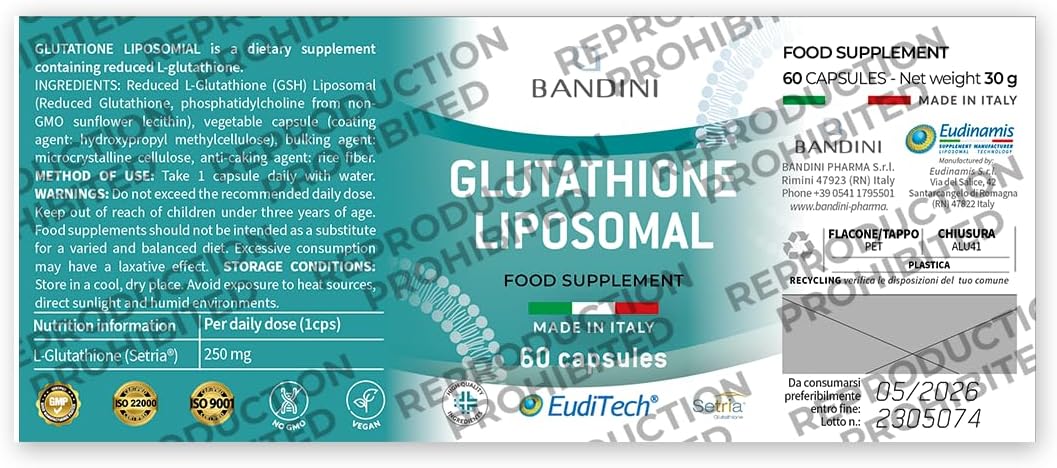 Thumbnail 6 de Bandini® Glutathion Liposomaal, 60 capsules met 250 mg L-glutathion Setria