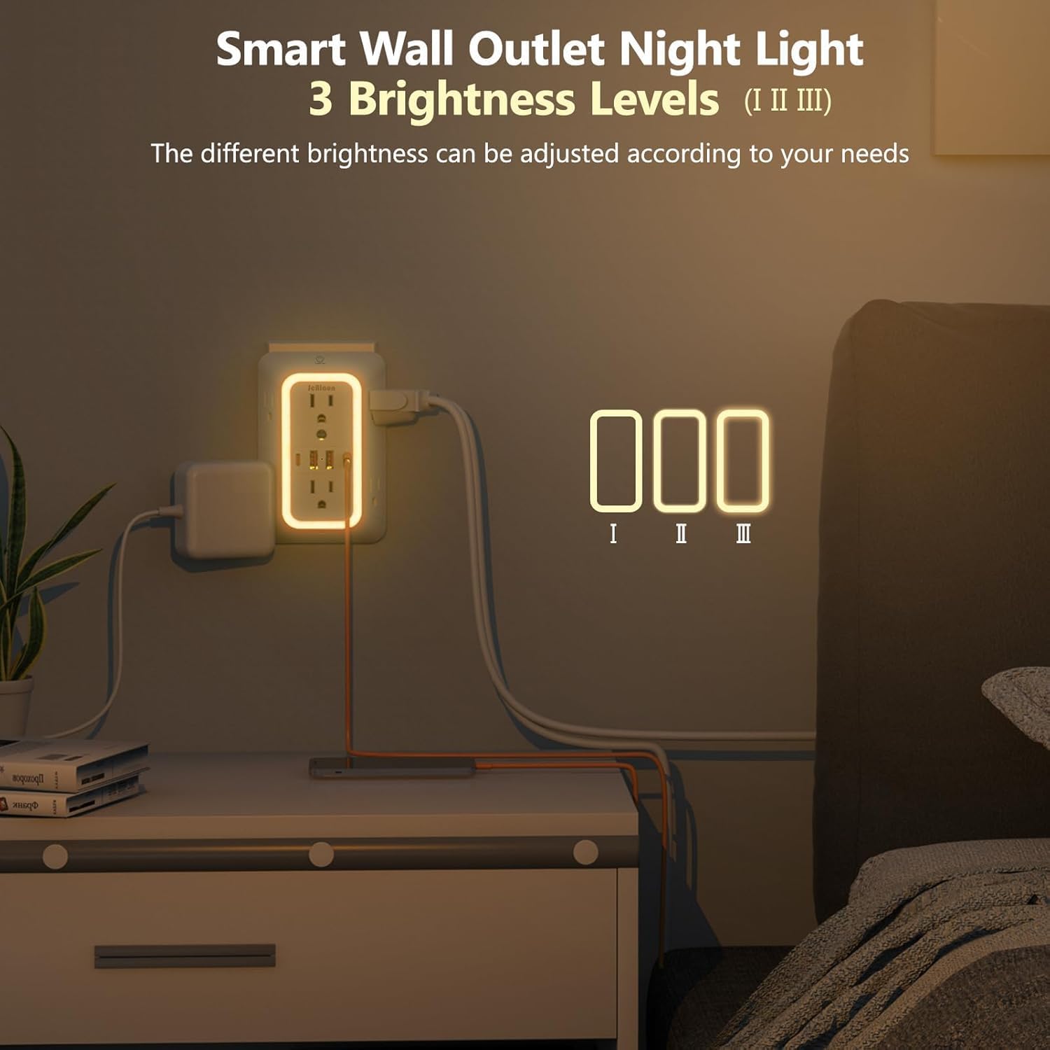 Detalle de 3 Pack Outlet Extender with Night Light: 6-Outlet Surge Protector with 2 USB-A and 2 USB-C Ports (3-Sided, 1050J) – ETL