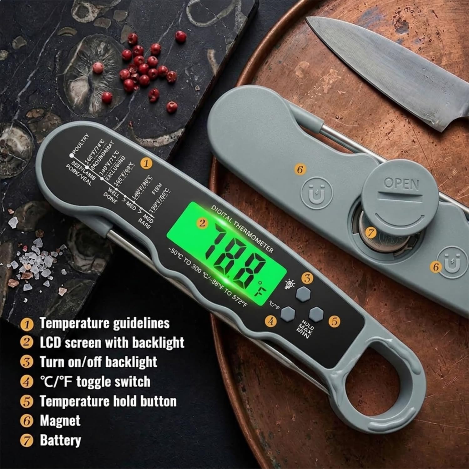 Detalle 2 de ZIKUREL Digital Instant-Read Meat Thermometer, Waterproof with Backlit Display