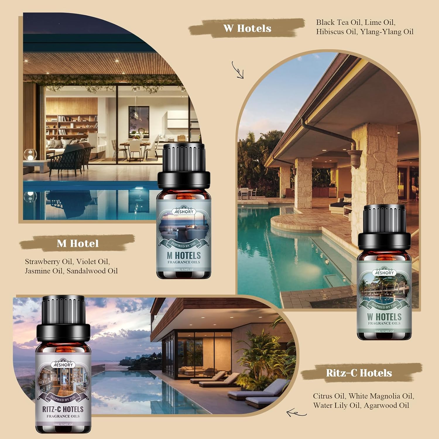 Detalle de AESHORY 6 x 10ml Hotel Essential Oils Set for Diffusers, Humidifiers & DIY (Fancy hotel-inspired scents)