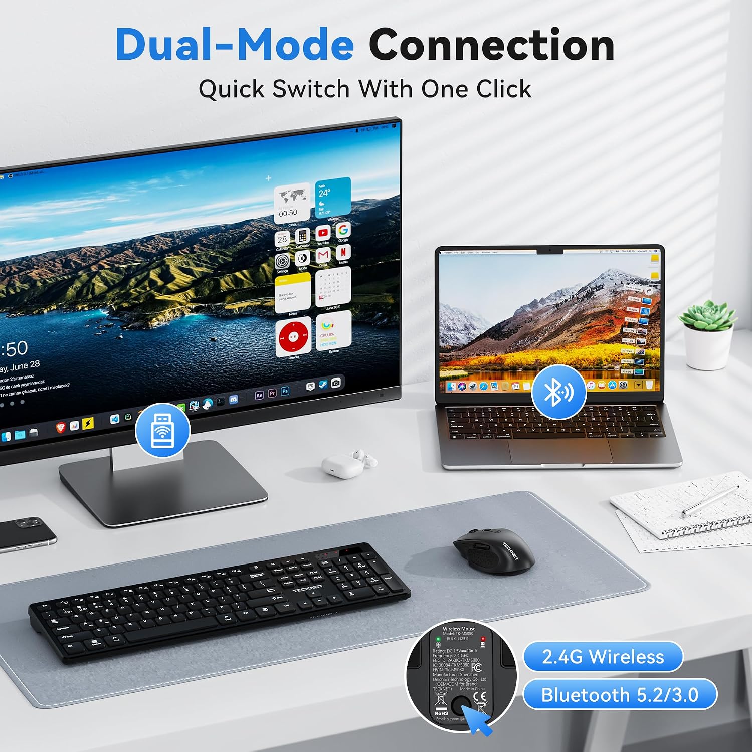 Detalle 2 de TECKNET EWM01005BA01 Wireless Mouse, Dual-Mode, Silent Click, 5-Level DPI