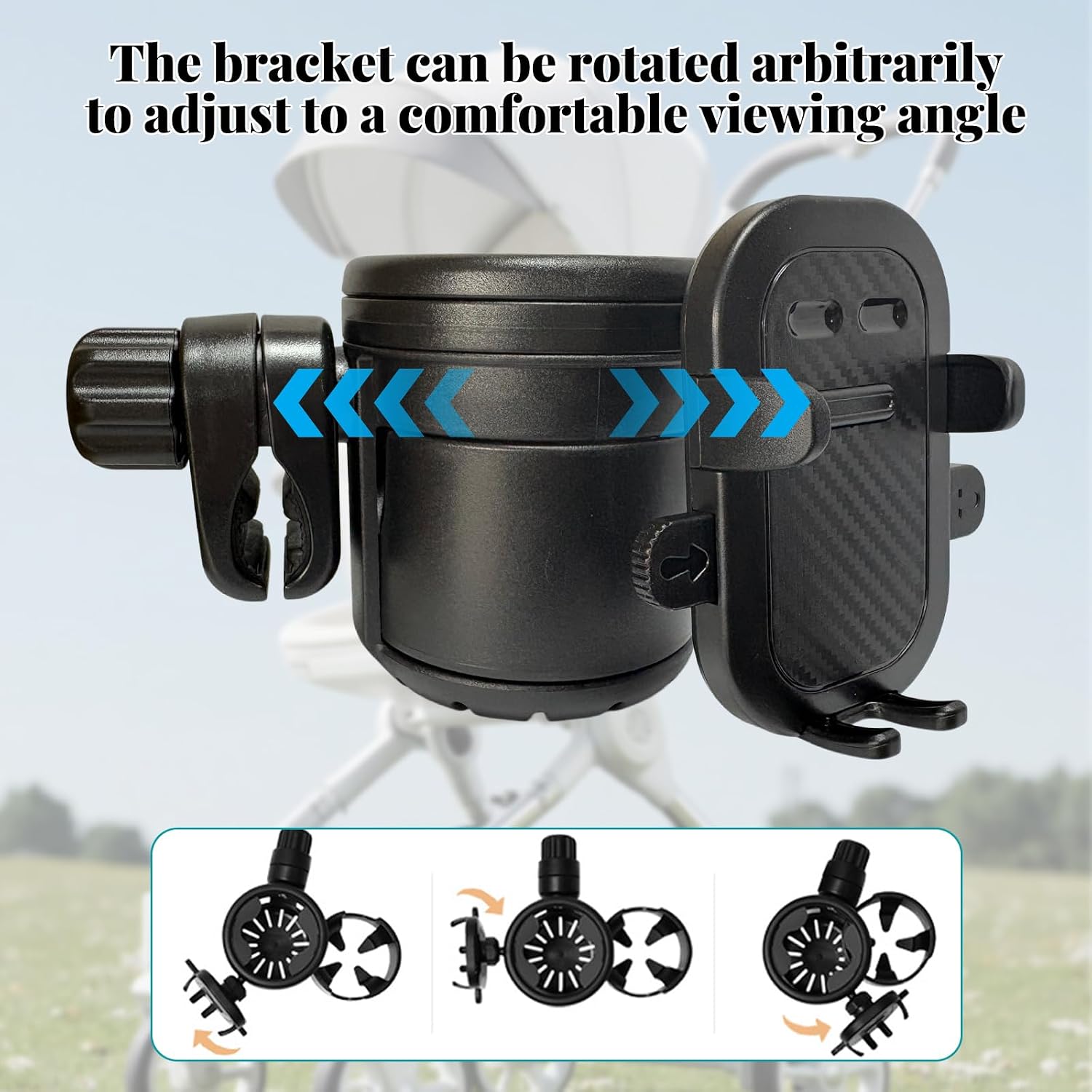 Detalle de Universal Stroller Cup Holder Attachment with Phone Holder (3 in 1) for Prams, Pushchairs, Bikes, Wheelchairs, Walkers & Scooters