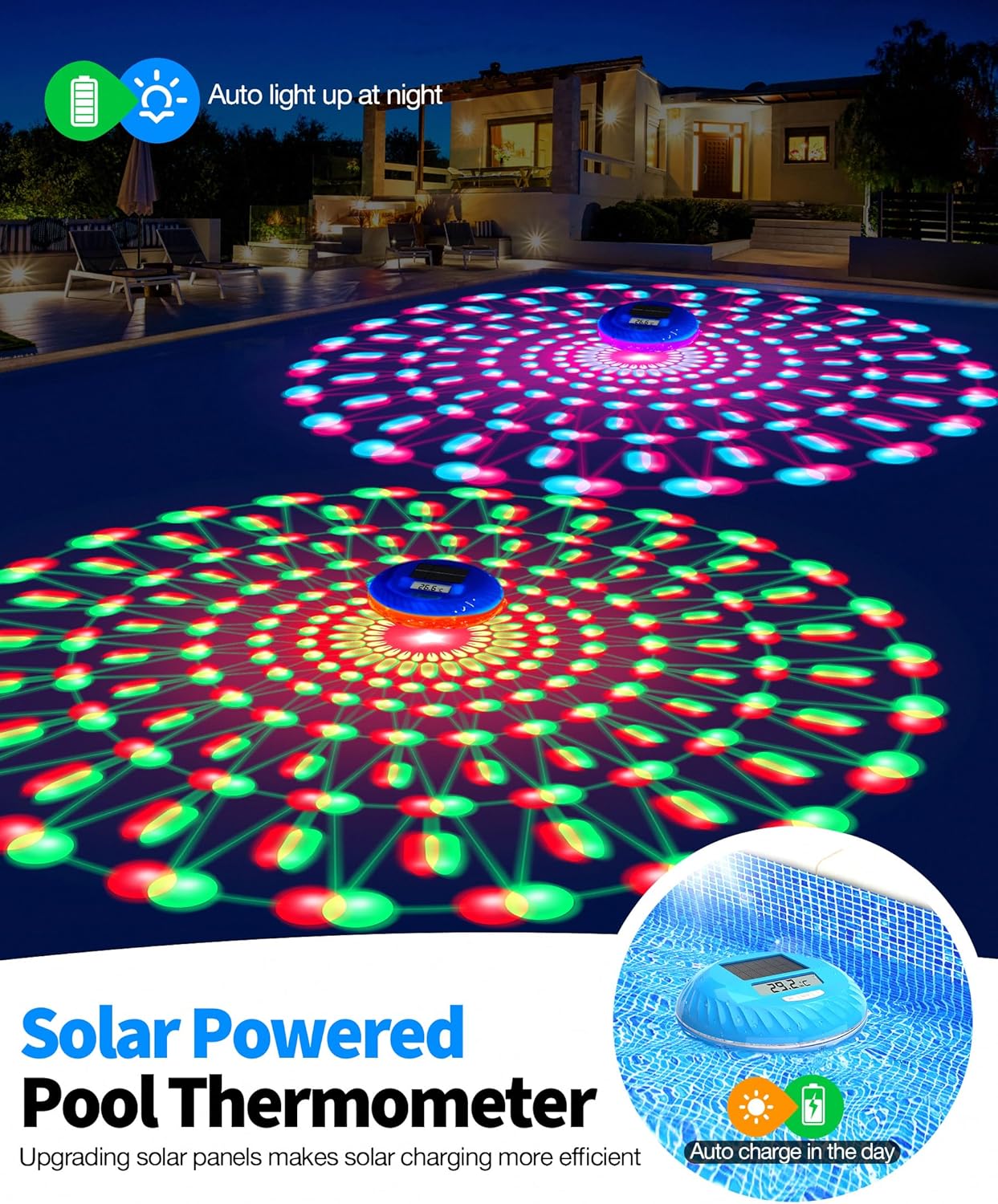Thumbnail 1 de LuxBlue 2 en 1: Thermomètre de piscine solaire et lampe d’ambiance flottante IP68